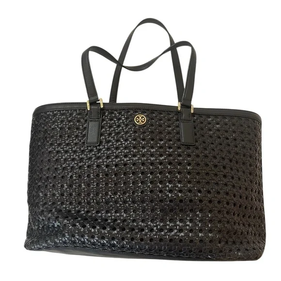 Tory Burch Black Woven Gold Hardware Tote - Picture 2 of 14